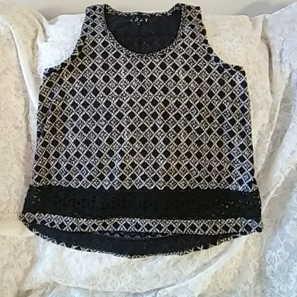 Ann Taylor Loft Boho Navy & White Sleeveless Crochet Mix Media Top Nauticalwear